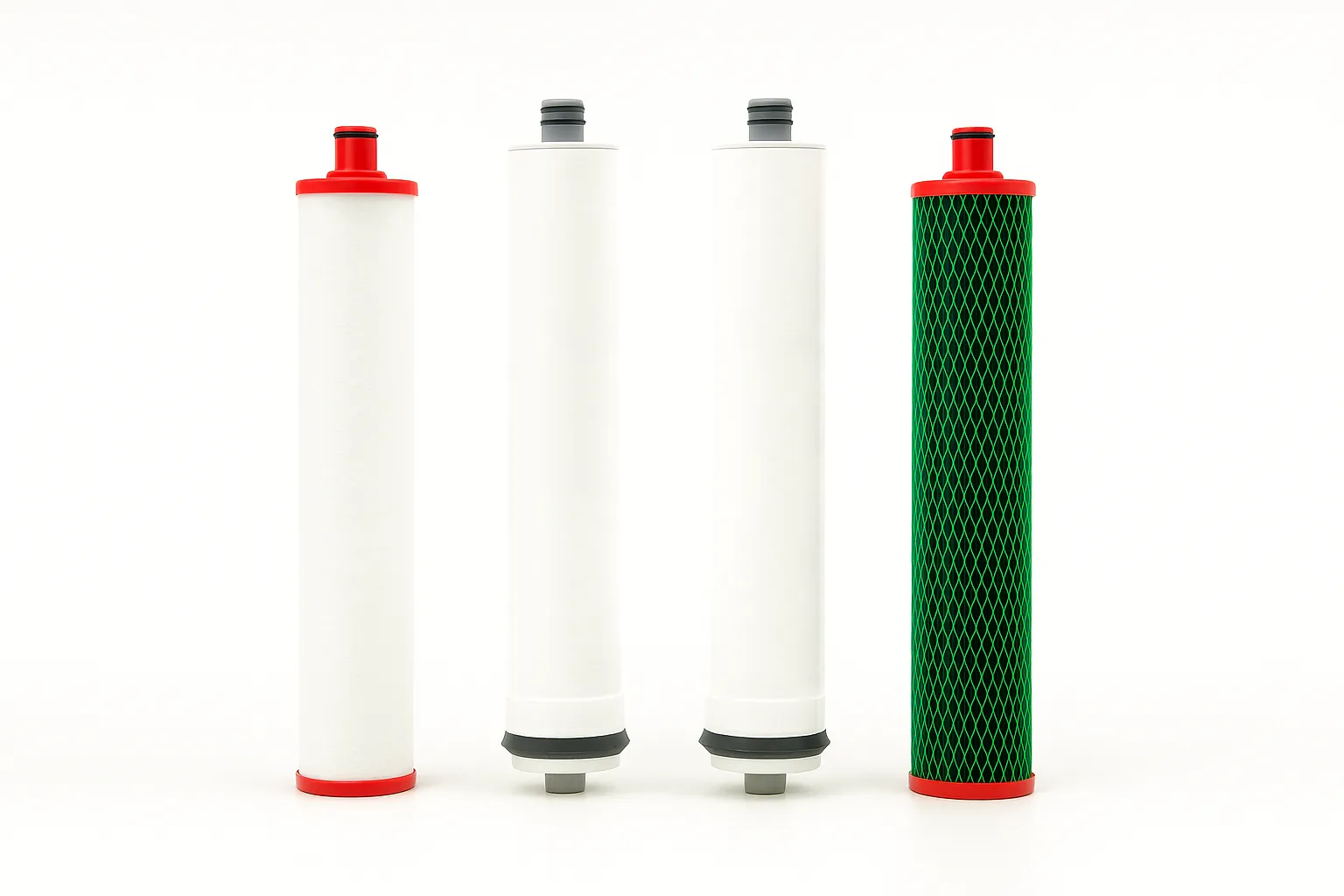 Filterelemente der Twin Turbo: Vorfilter, zwei RO-Membranen und Nachfilter